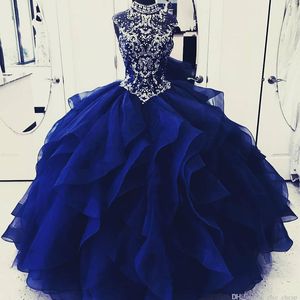 Luxe Sexy Royal Blue Quinceanera Prom Jurken Hoge Neck Beaded Crystals Tiers Organza Balljurk Avondfeest Dragen Sweet 16 Dress