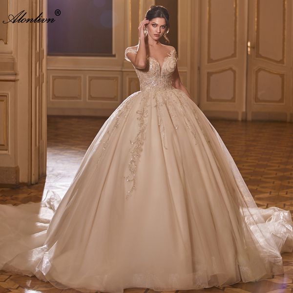 Luxueux pure Scoop robe de bal robe de mariée perles perles paillettes applications dentelle princesse robes de mariée couverte avec bouton