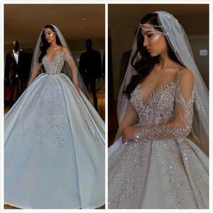 Luxe Sparkly 2019 Afrikaanse Trouwjurken Sheer Hals Lange Mouwen Bruidsjurken Beaded Pailletten Satijnen Bruidsjurken