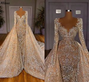 Luxueux cristaux scintillants dentelle robes de mariée sirène avec train détachable manches longues Champagne robes de mariée formelles grande taille robes Dubaï arabe CL3121