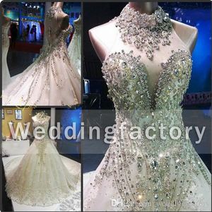 Luxe sparkly trouwjurk hoge hals mouwloze glitter kristallen steentjes kant appliques grote trein illusie terug bruidsjurken