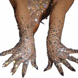Luxueux Stretch Rhinestes Gants Femmes Sparkly Crystal Mesh Lg Gants Danseur Chanteur Discothèque Danse Spectacle Accories V0mb #