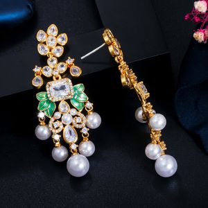 Luxueux gland diamant boucle d'oreille pour femme imitation perle AAA cubique zircone sud-américaine femmes mariage fiançailles or concepteur boucles d'oreilles bijoux cadeau