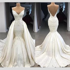 Luxueux col en V délicat robe de mariée sirène avec détachable train tache dentelle plus la taille dos nu robes de mariée robes personnalisées