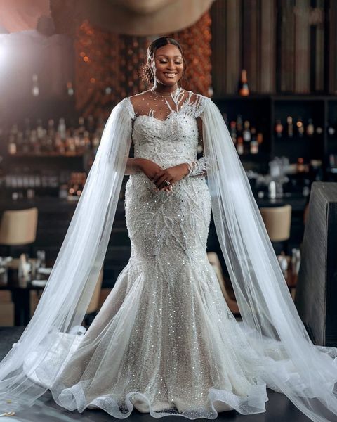 Lujoso vestido de noiva civil Tallas grandes Vestidos de boda africanos 2022 Lentejuelas brillantes Cuello alto Sirena Vestidos de novia Árabe abito da sposa