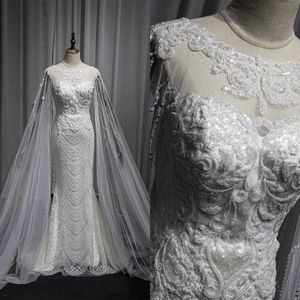 Luxueuze trouwjurken pailletten beadelende zeemeermin bruidsjurken met cape pearl pure nek op maat gemaakte bruid jurk Vestidos de novia