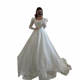 Robes de mariée luxueuses avec perles Princ A-ligne Robe de bal col carré manches longues mariée Dr Prom Dres Robe De Marie 92Kr #