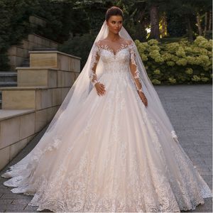 Lujosos vestidos de novia de manga larga de encaje hermoso blanco para Dubai Sheer Neck vestido de novia de boda formal personalizar vestido de tren para novia