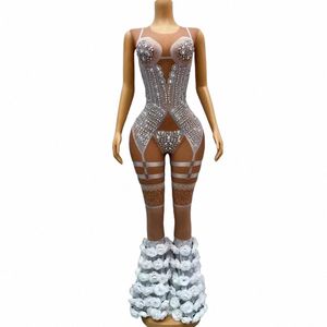 Luxueux Blanc Rose Frs Rhinestes Combinaison Marron Mesh Soirée Sexy Célébrer Danse Tenue Body Photoshoot Costume V2ha #