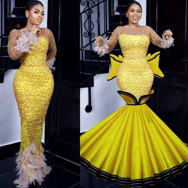 Luxueux plume jaune Aso Ebi robes de bal perles sirène robe de soirée formelle pour les femmes noires africaines aarbic avec jupe détachable deuxième robes de réception NL088