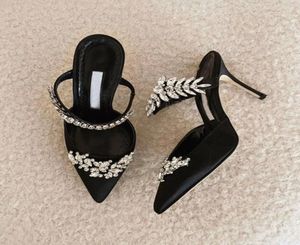 Luxe Brand Lurum Sandalen schoenen voor vrouwen Hoge hakken Leaf kristalembrede satijnen muildieren sexy puntige teen slipper pumps6945532