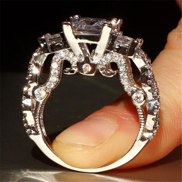 Luxe 100% 925 bague en argent sterling classique trois pierres diamant simulé CZ anneaux de mariage pour femmes bijoux taille 5/6/7/8/9/10