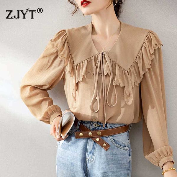 Luxe 100% Véritable Silk Blouses Femmes Designers Printemps Brouillons Collier Solid Office Shirts Femininos Blusas Loose Tops 210601