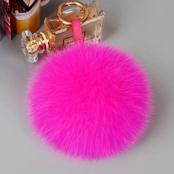 Luxury 13 cm moelleux Real Fox Fur Ball Pom Pom Pom Pompom Keychain Car Keychain Chain Chain Metal Ring Pendant pour les femmes 240424