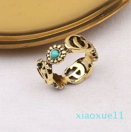 luxe- 18K plaqué or marque lettre bande anneaux pour hommes femmes créateur de mode marque lettres turquoise cristal métal marguerite anneau bijoux taille unique