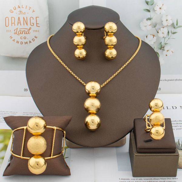 Conjunto de joyería chapada en oro de 18 quilates de lujo, pendientes de cuentas redondas, collar, pendientes africanos de Dubái, joyería italiana de moda, regalo 240102