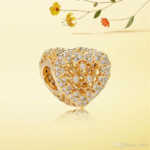 Ensemble de charme en nid d'abeille de coeur en or jaune 18 carats de luxe boîte d'origine pour Pandora 925 en argent Sterling bracelet à bricoler soi-même bijoux à breloques accessor313V