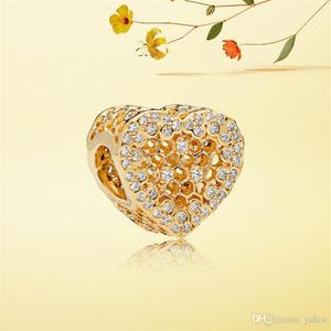 Ensemble de charme en nid d'abeille de coeur en or jaune 18 carats de luxe Boîte d'origine pour Pandora 925 Sterling Silver DIY Bracelet Charms Jewelry accessor1923