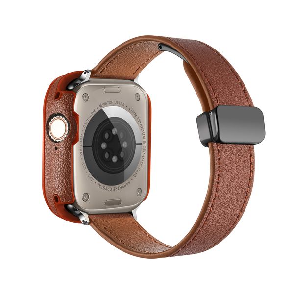 Bracelet de luxe en cuir véritable avec boucle pliante magnétique 2 en 1 avec boîtier de montre pour Apple Watch Ultra 49 mm 45 mm 44 mm 41 mm 40 mm 42 mm Bracelet de montre iwatch Series 9 8 7 6 SE 5 4