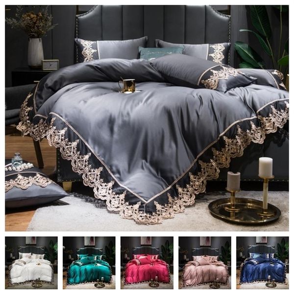 Luxe 2 ou 3 ou 4pcs Ensemble de literie en soie de dentelle Ensemble de housse de couette en satin avec drap plat Fermeture à glissière Twin Queen King 7 motifs 201210291d