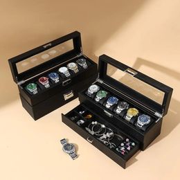 Boîte de montre de luxe à 2 niveaux, présentoir à tiroirs, organisateur avec couvercle transparent, boucles d'oreilles, bijoux, colliers, rangement, vitrine cadeau 240123