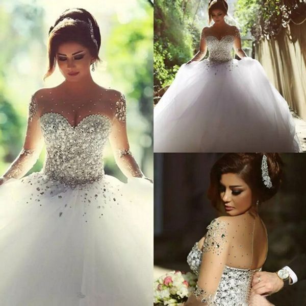 Lujo 2016 Venta caliente Crystal Beaded Illusion Vestidos de novia de manga larga Sexy Sheer Neck Lace Up Back Tul Vestidos de novia Cutom EN3293