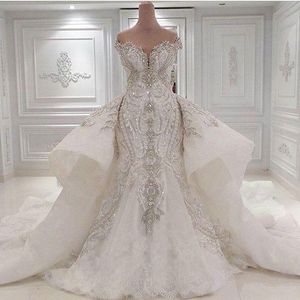 Luxe 2016 Hot Sale Off Shoulder Overskirt Trouwjurken met Kapel Afneembare Rok Beaded Crystal Kant Lange Bruidsjurken Custom Made