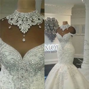 Luxe 2019 Col Haut Arabe Sirène Robes De Mariée Perles Cristaux Cour Train Plus La Taille Robe De Mariée Robes De Mariée Sur Mesure