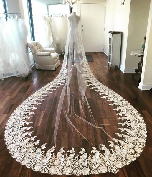 Voile de mariée de luxe en dentelle, longueur cathédrale, Long, avec appliques florales 3D, ivoire ou blanc, avec peigne gratuit, 2021