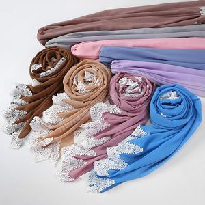 Luxe 2022 Design bulle en mousseline de soie avec dentelle femme écharpe Hijab mode foulard musulman dame solide châle foulards Bandana 70*175cm