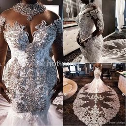 Luxe 2022 col haut sud-africain sirène robes de mariée dentelle cristaux perles manches longues robe de mariée col haut grande taille Vestiods EE