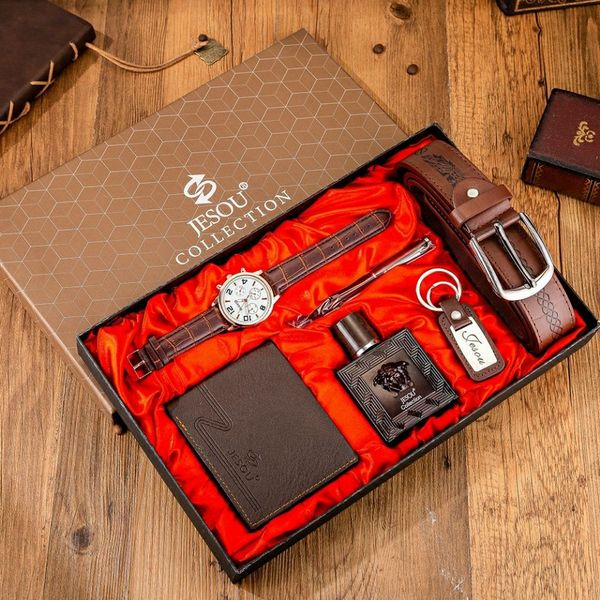 Conjunto de regalo de lujo 2023 para hombre, cinturón de reloj bellamente empaquetado, conjunto simple, bolso, perfume, cierre de llave, bolígrafo
