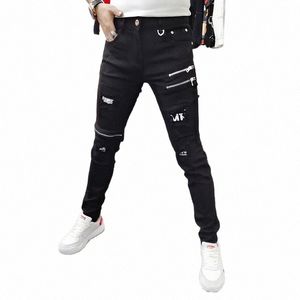 Luxe 2023 High Street Korean Black Jeans avec fermeture éclair Distred Hole Designer Tendance Jeunesse Slim-Fit Black Cott Pantalon s1Y5 #