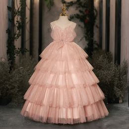 Luxury 2024 Nouvelles filles robes de filles de fleurs pour le mariage rose bling long First Holy Communion Robes V couche en dentelle robe de bal perles fille perle Princess Pageant Robes