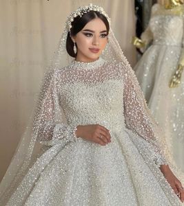 Robe de mariée de luxe à paillettes, col roulé musulman, perles complètes, sur mesure, grande taille, 2024, Dubaï