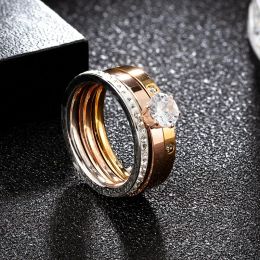 Luxury 3 en 1 14k Jaune en or jaune ensemble CZ Crystal Rhinestone Gold Color Dinger Ring For Women Girls Bride Love Wedding Jewelry