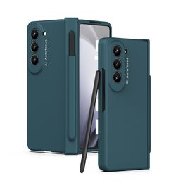 Funda de teléfono Vogue cubierta con bisagras 3 en 1 de lujo para Samsung Galaxy Z plegable Fold5 5G, duradera, resistente, protectora completa, membrana suave, lápiz capacitivo, carcasa plegable con ranura para bolígrafo