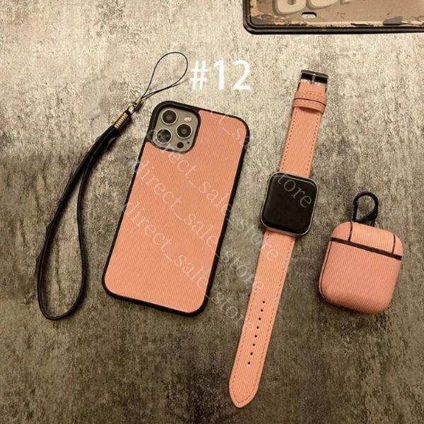 Conjunto de lujo de 3 piezas Cajas de teléfono para iPhone 15 14 13 12 Pro Max 11 X XS XR XSMAX Protector de auriculares PU Cuero AirPods Cubierta Diseñador Reloj Banda 38 40 42 44 MM Traje