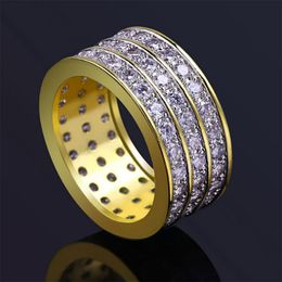 Luxe 3 rij micro Pave CZ 360 Eternity Gold Bling Bling Rings 18K Gold PLated Mens Simulated Diamonds Hip Hop Ring