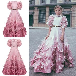 Robes de luxe à fleurs pour filles, avec des Appliques 3D, à manches longues, faites à la main, robes de concours, magnifiques robes de bal en Satin bouffantes