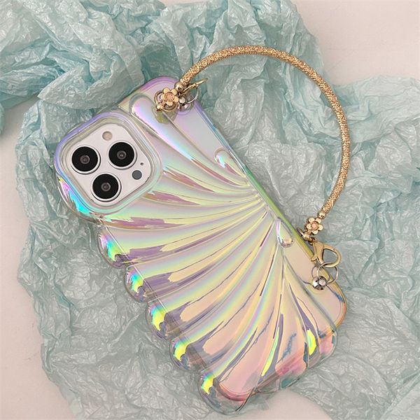 3D galvanizado Clam Conch Shell Aurora Laser Cases Metal tallado perla pulsera correa transparente suave a prueba de golpes contraportada para iPhone 14 13 12 11 Pro Max Plus