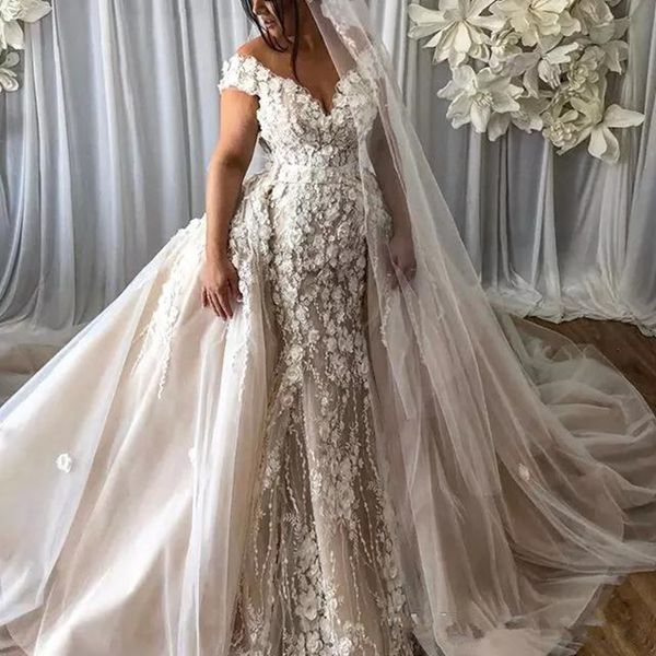 Luxe 3D Floral Applique Robe De Mariée Glamour Dubaï Hors Épaule Sirène Robes De Mariée Élégant Jupe Détachable Plus La Taille Robes De Mariée