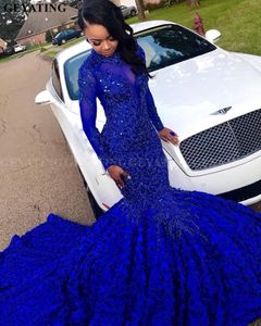 Luxe 3D fleur sirène bleu royal robe de bal africaine manches longues chapelle train perlé cristal grande taille robe de soirée de remise des diplômes267H