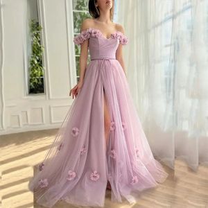 Luxe 3D Bloemen Lichtroze Galafeestjurk Dames Prinses Uit de schouder Hoge split Avond Verjaardag Formele jurk Open rug Vloerlengte Robe De Soiree