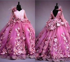 Luxe 3D À La Main Fleurs Filles Robes Robe De Bal V Cou Plume Perles Puffy Enfants Pageant Robe Princesse Première Communion Robes