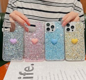 Luxe 3D hart liefde confetti hoesjes voor iPhone 15 Pro Max 14 Plus 13 12 11 XR XS X 8 7 6 folie pailletten glanzende bling glitter zachte TPU telefoon achterkant huid mode meisjes vrouwen cover