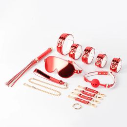 Luxe 3D Laser Lederen Bdsm Set Bed Bondage Kits Terughoudendheid Handboeien Kraag Gag Oogmasker Speeltjes Voor Vrouwen koppels Volwassen Spelletjes 240102