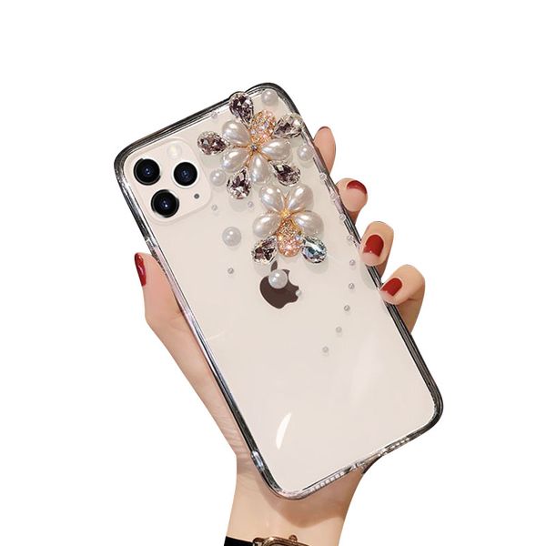 Lujo 3D Pearl Flower Fundas para teléfonos celulares Contraportada transparente para Apple IPhone14 Promax 13 12 11 Pretty Girls Funda para teléfono móvil a prueba de golpes con sensación de piel Shell White