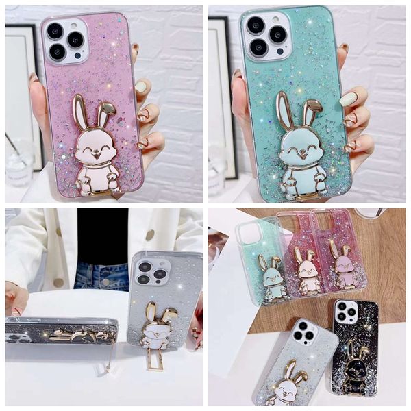 Estuches de lujo con brillo de conejo 3D para iPhone 15 Plus 14 Pro Max 13 12 11 XR XS X 8 7 6 Lindo encantador animal suave TPU Lámina de lentejuelas Confeti Gota Pegamento Kickstand Cubierta