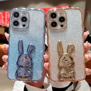 Étuis de téléphone métalliques de luxe 3D Rabbit Holder pour Iphone 14 Pro Max 13 12 11 XR XS X 8 7 Plus Papier Bling Glitter Shinny Sparkly Sparkle Plating Soft TPU Camera Lens Cover